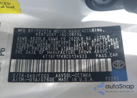 2012 Toyota Camry Le из США, поврежденный, VIN 4T1BF1FK8CU134933